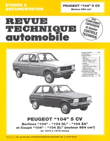Peugeot 104 5 CV - berlines 104, 104 GL, 104 ZA et coupé 104, 104 ZL (moteur 954 cm3)